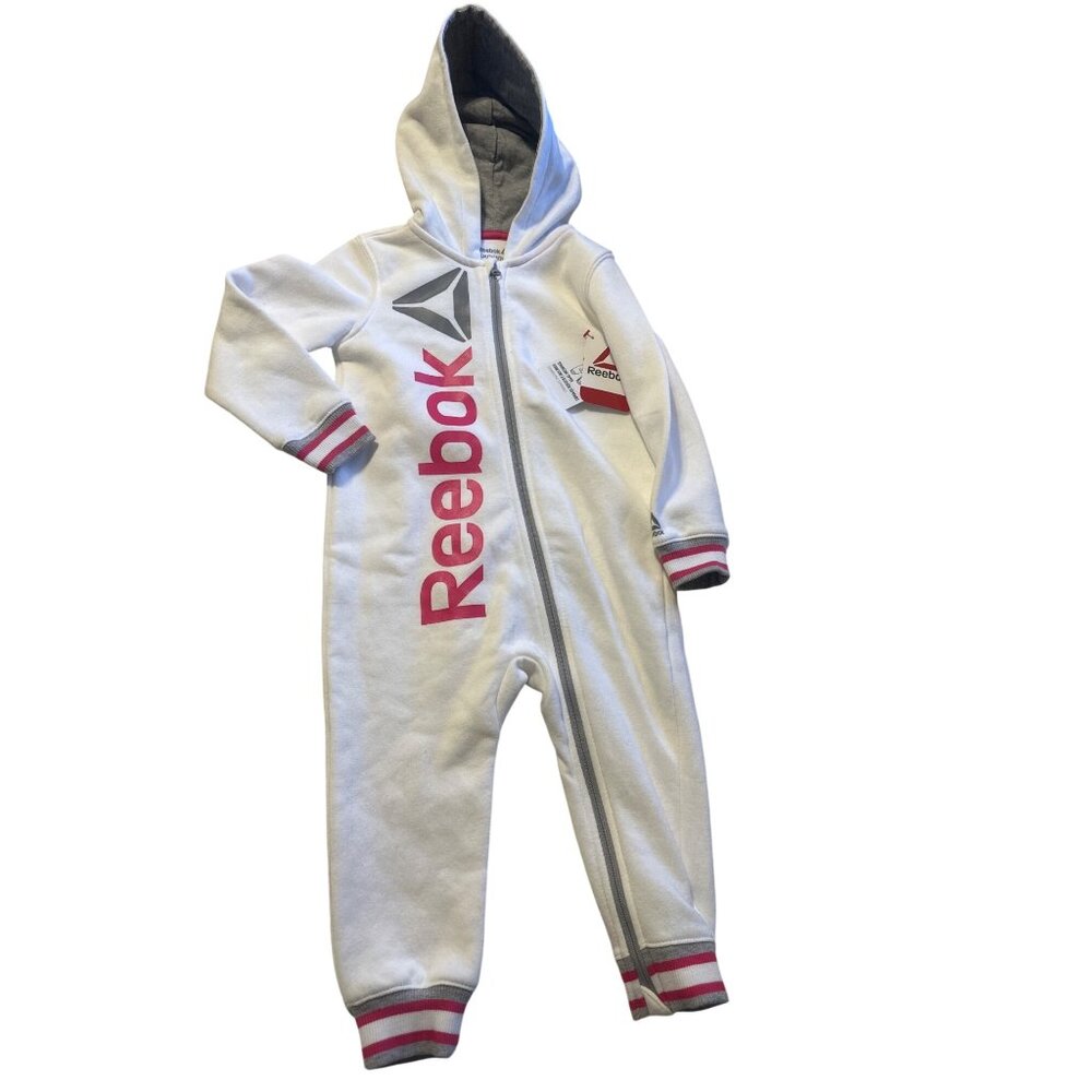 Reebok Baby Girls White Hooded Full-Zip Logo Coverall With Pink & Gray Striped C